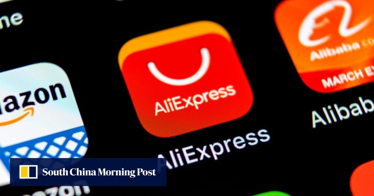 AliExpress logo displayed on a smartphone in front of the EU flag