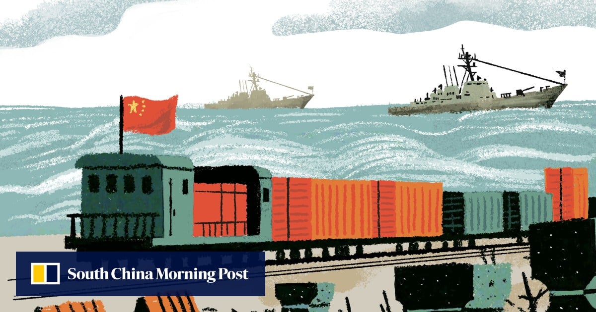 Freight containers on a rail corridor linking China with Central Asia