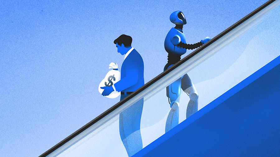A humanoid robot riding an escalator