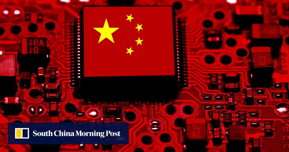 AI chip on a circuit board with Chinese flag motif