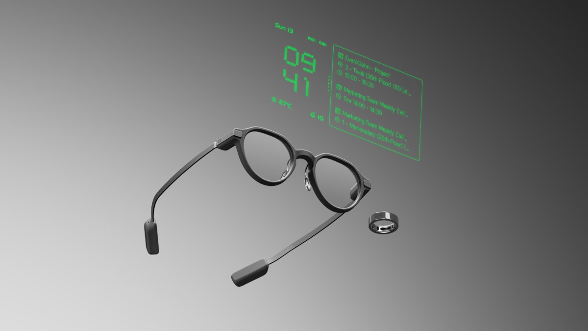 Even Realities G2 smart glasses and R1 ring showing the company's heads-up display