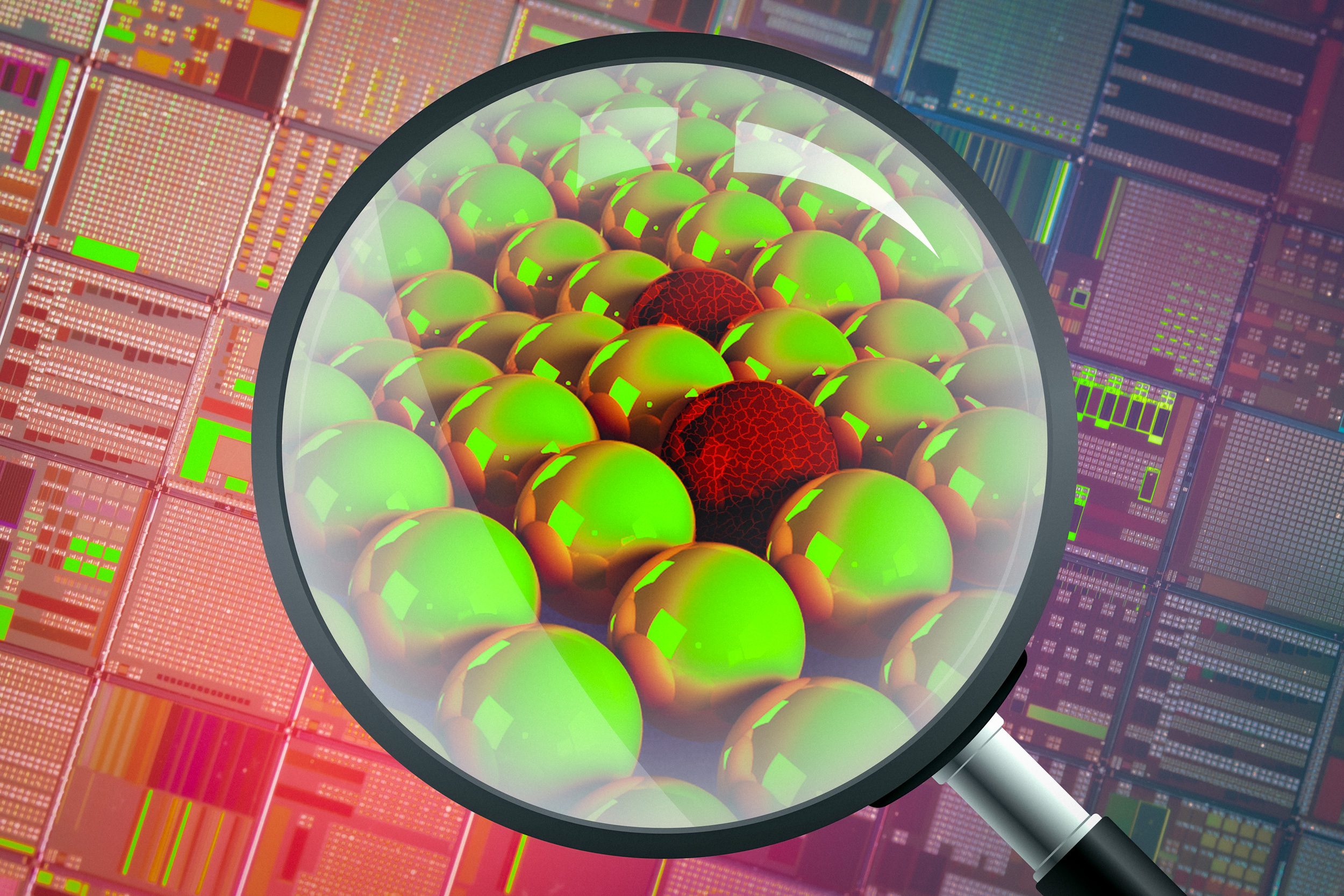 Visualization of atomic crystal structure with highlighted point defects in semiconductor material